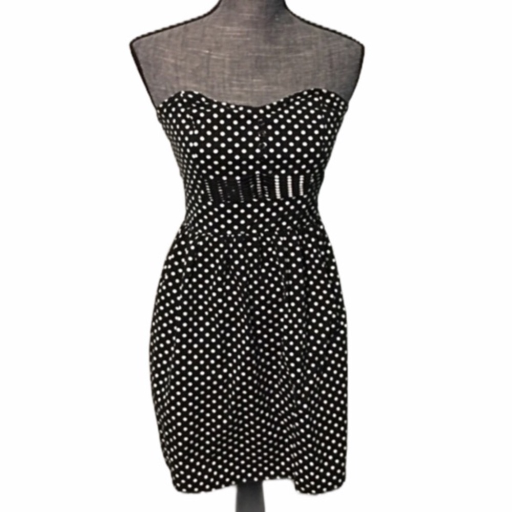 Retro Polka Dot Dress Black Ivory Strapless Medium
